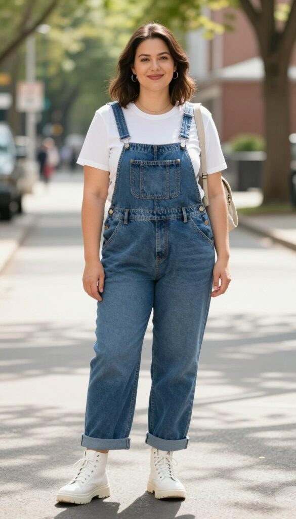 A plus-size woman wearing baggy denim overalls with a cropped tee, styled with chunky sneakers and a mini bag in a casual outdoor setting, showcasing easy 90s fashion for everyday wear.