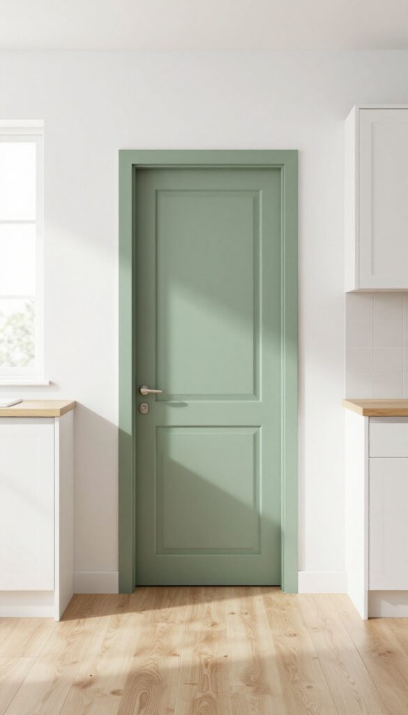 A kitchen door with a painted olive green door frame contrasting against white walls