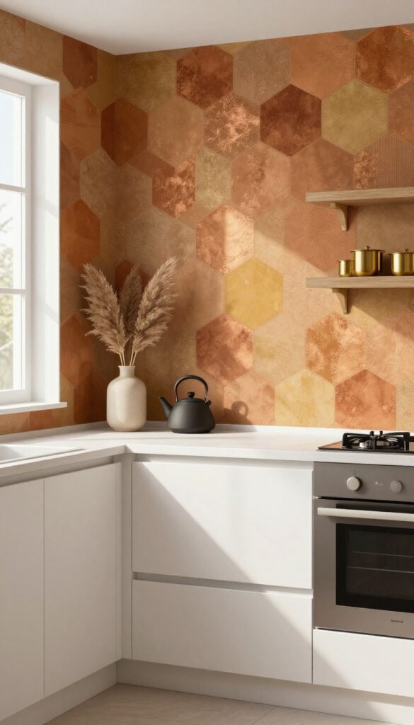 Modern kitchen with geometric wallpaper in warm copper and rust tones on an accent wall