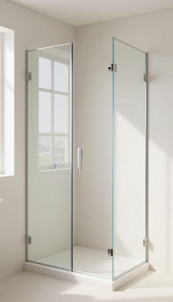 A small walk-in shower with a frameless glass door in a bright bathroom, showcasing enhanced light flow and a clean aesthetic.
