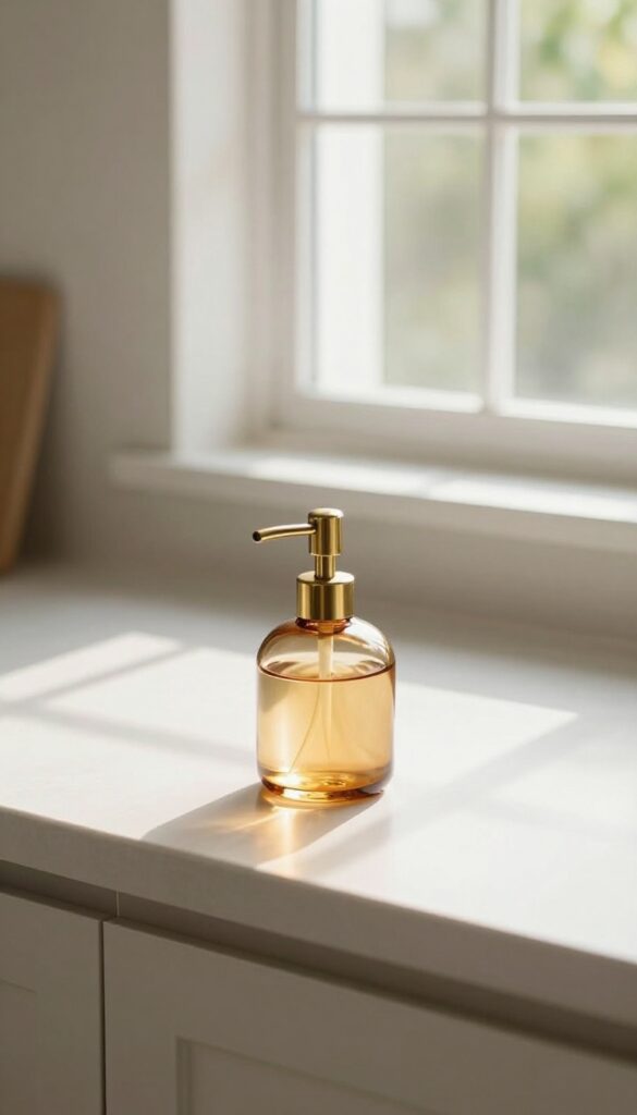 Amber glass soap dispenser with brass pump on a kitchen counter, glowing in natural light.