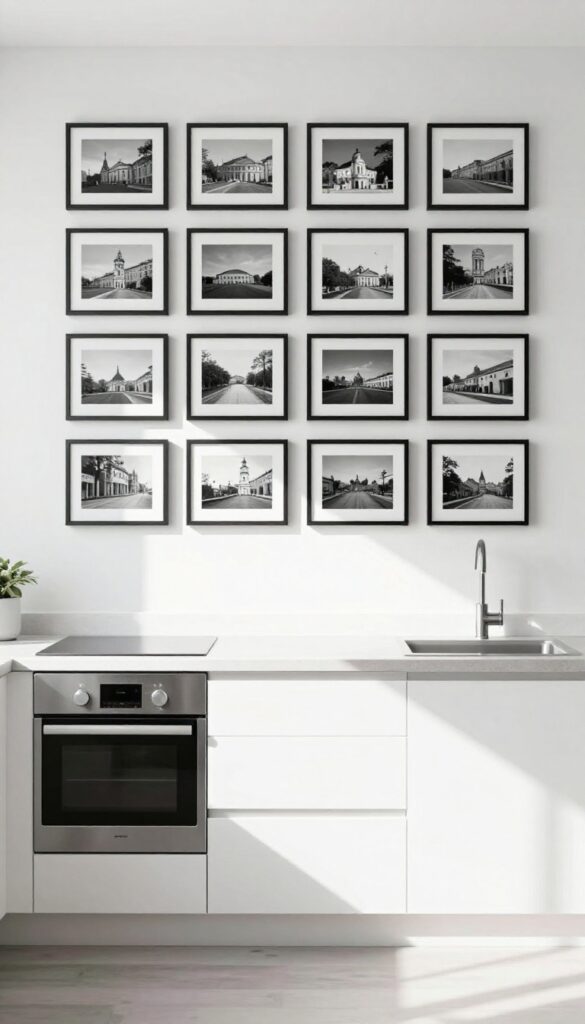 Row of black-and-white photos in matching frames above kitchen cabinets