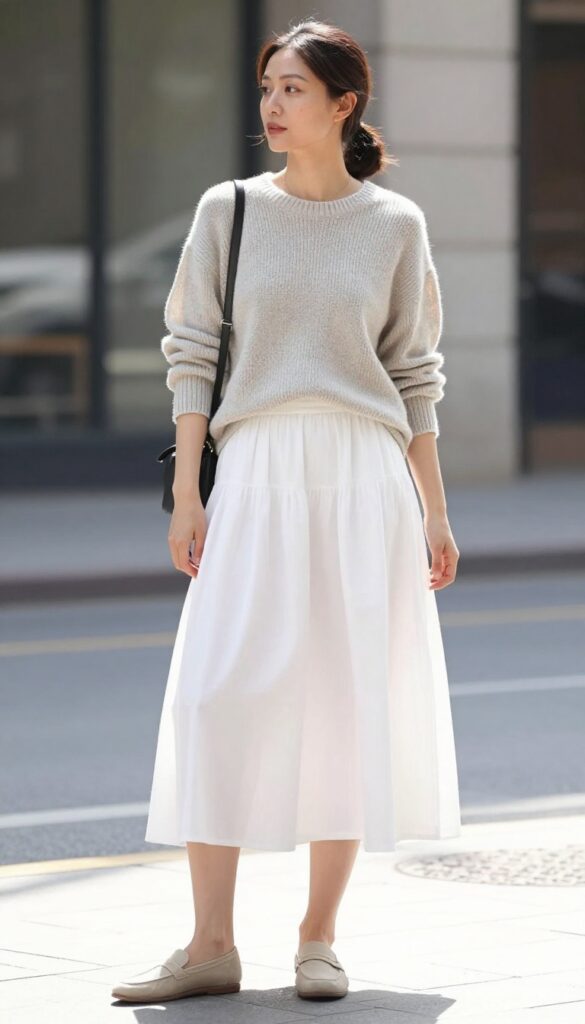 A woman wearing a lightweight knit sweater and long white skirt for a summer outfit, styled with sneakers and a crossbody bag in a casual urban setting.