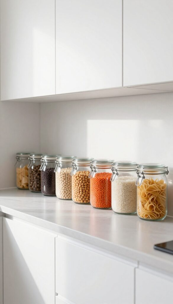 Glass jars filled with colorful pasta and beans on top of kitchen cabinets