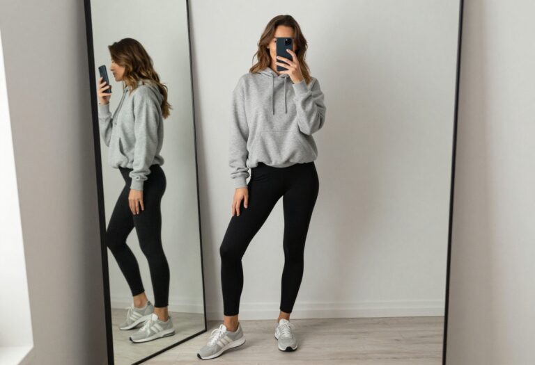 A sporty mom in black leggings and an oversized grey hoodie takes a mirror selfie in a bright room, showcasing a casual yet put-together outfit for active days.