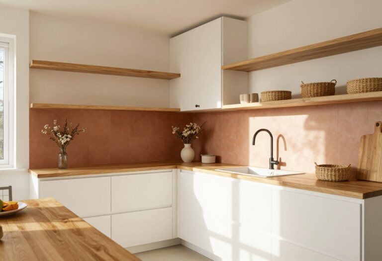 Cozy kitchen with white cabinets, wood shelves, terracotta backsplash, and natural light