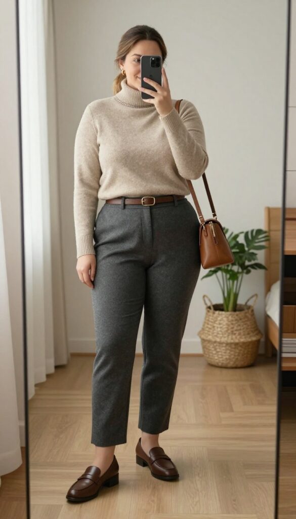 Plus-size woman in a beige knit top and charcoal tailored pants, taking a mirror selfie, showcasing a cozy yet professional casual work outfit.