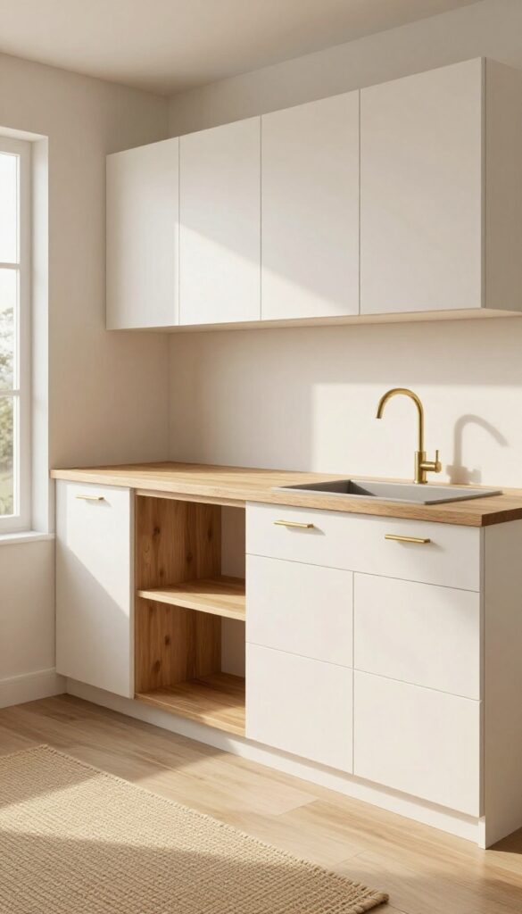 Small kitchen with wood-look laminate countertops, white cabinets, brass hardware, and woven runner.