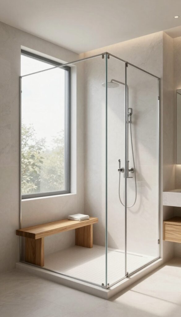A walk-in shower in a master bathroom with a built-in teak bench for seating, under bright natural light, designed to be spacious and polished with no visible text or logos.