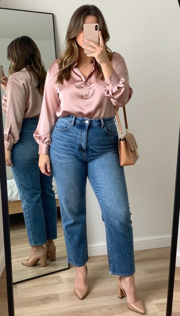 Plus-size woman in high-waisted straight-leg jeans and a blush satin blouse, taking a mirror selfie with her phone. The outfit is styled for a date night with block heels and a crossbody bag.