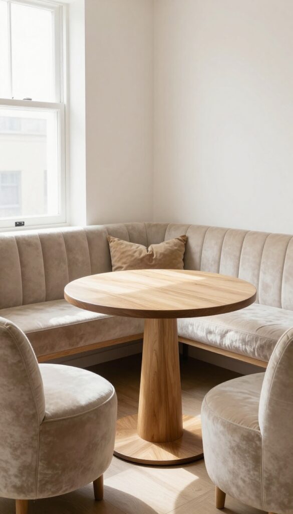 Cozy kitchen nook with L-shaped bench featuring hidden storage and round wooden table