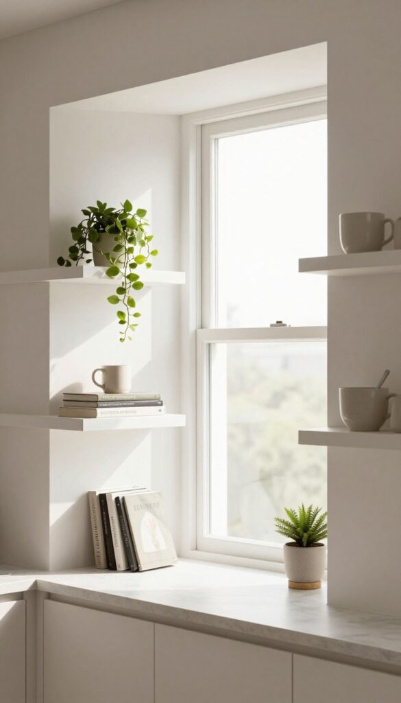 Open shelving on either side of a kitchen bay window with cookbooks, a mug, and a trailing plant, styled minimally in neutral tones.