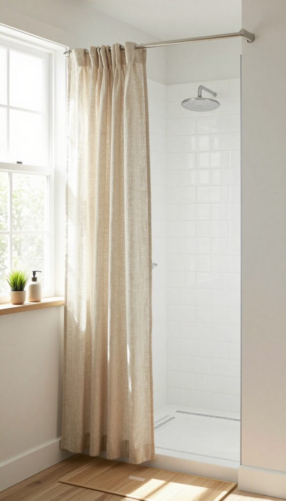 A linen curtain over a window inside a shower, creating privacy while letting in natural light.