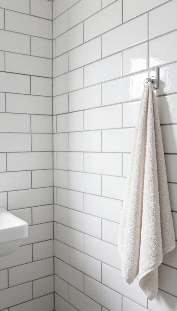 White subway tile shower with dark grout for a modern edge in a bright, clean bathroom setting.