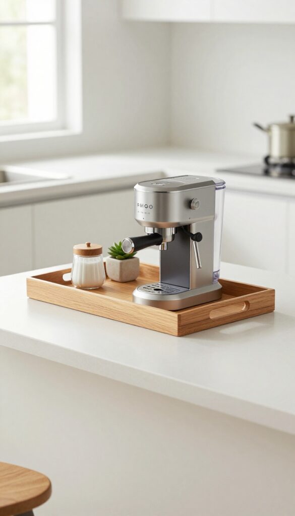 Small wooden tray on kitchen counter holding espresso machine, sugar caddy, and succulent, defining a neat coffee zone in bright natural light.