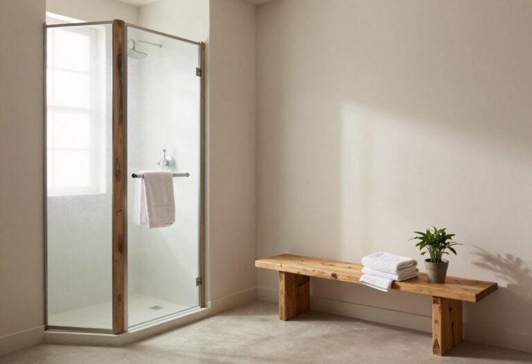Farmhouse walk-in shower with soft collected look, showing rustic wood, neutral colors, and cozy details in a stylish bathroom setting.
