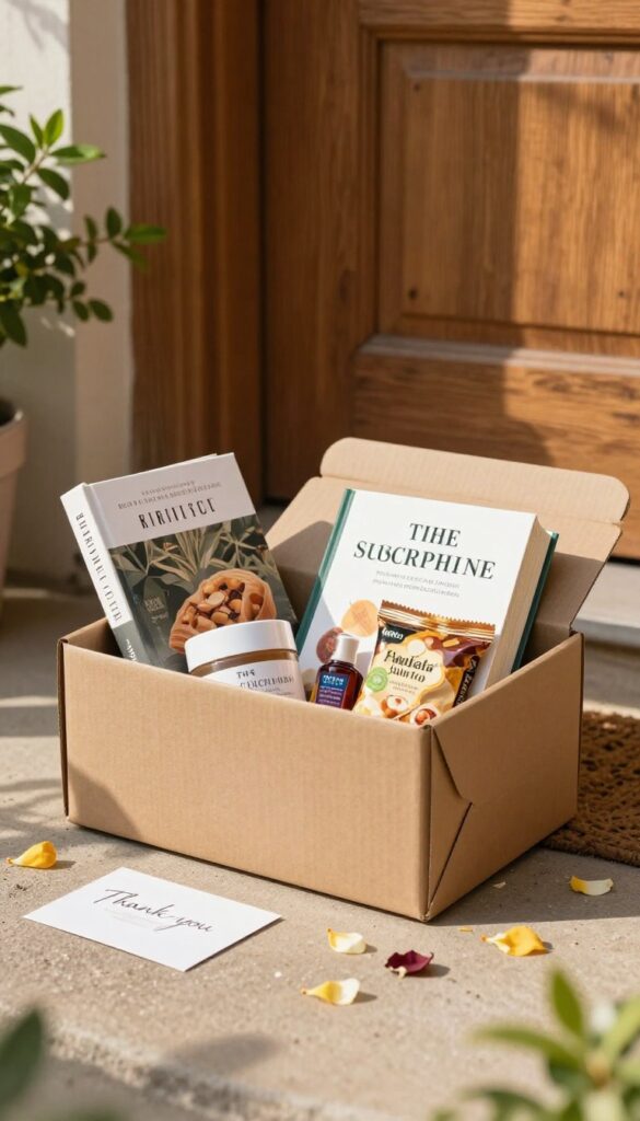 A subscription box surprise gift on a doorstep with flowers and a thank-you card, photorealistic style.