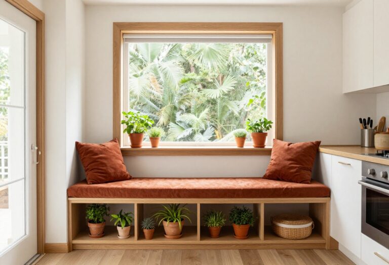 Cozy small kitchen with wooden window bench and cushions in warm rust tones