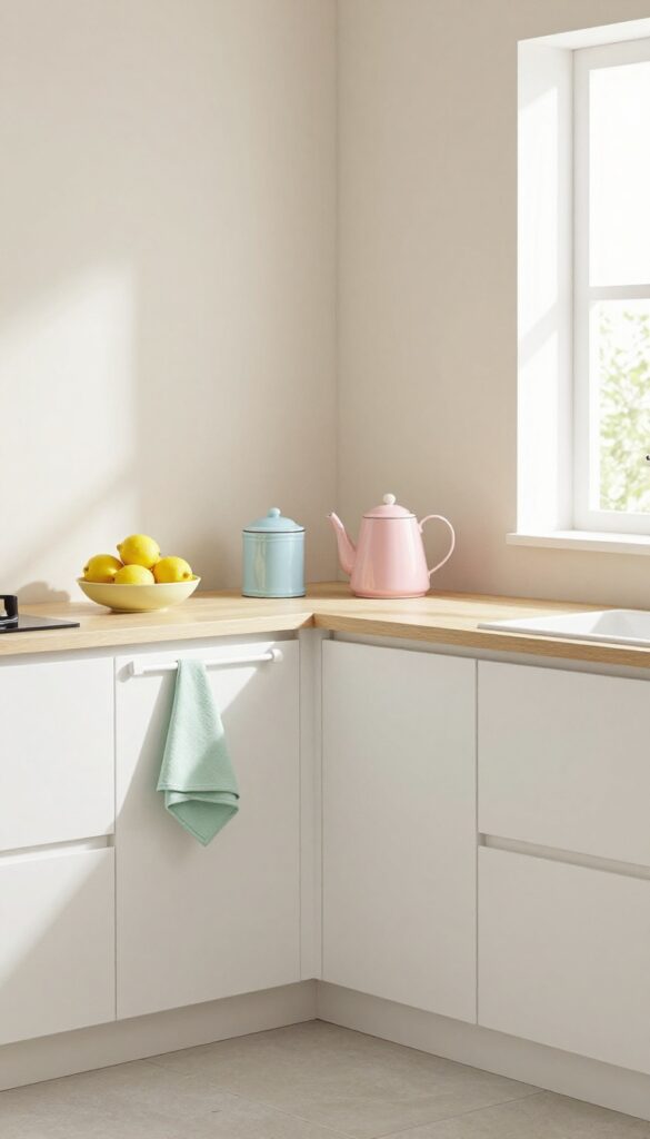 A bright kitchen with pastel accents including a pink teapot, blue canisters, yellow fruit bowl, and mint green towels on white countertops and light wood shelves.