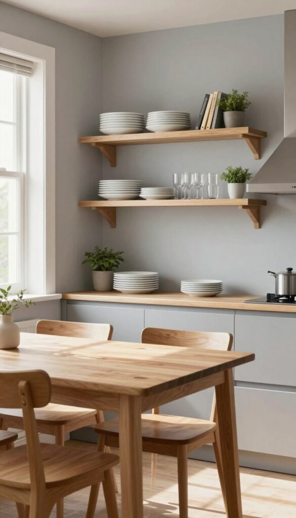 Cozy eat-in kitchen with open shelving above the table displaying dishes and cookbooks in warm natural light.