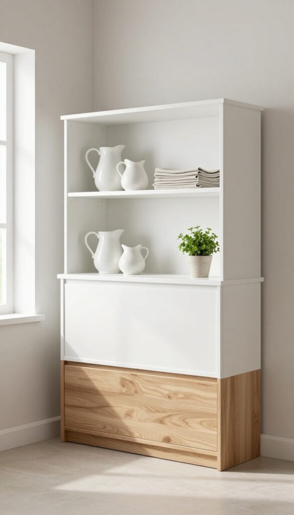 Two-tone kitchen hutch with white upper and wood base, styled with ceramic pitchers, linen napkins, and a potted herb.