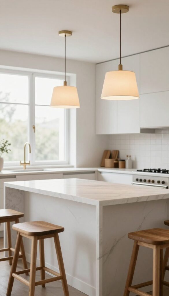 Warm pendant lighting above a kitchen peninsula with cream fabric shades and marble countertop