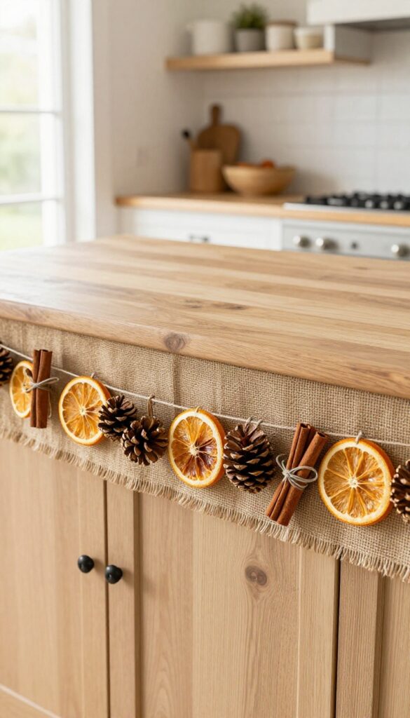 Rustic burlap and pinecone garland draped on a kitchen island