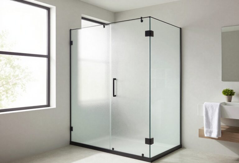Modern bathroom with frosted glass shower door showing geometric patterns and matte black frame in natural light.