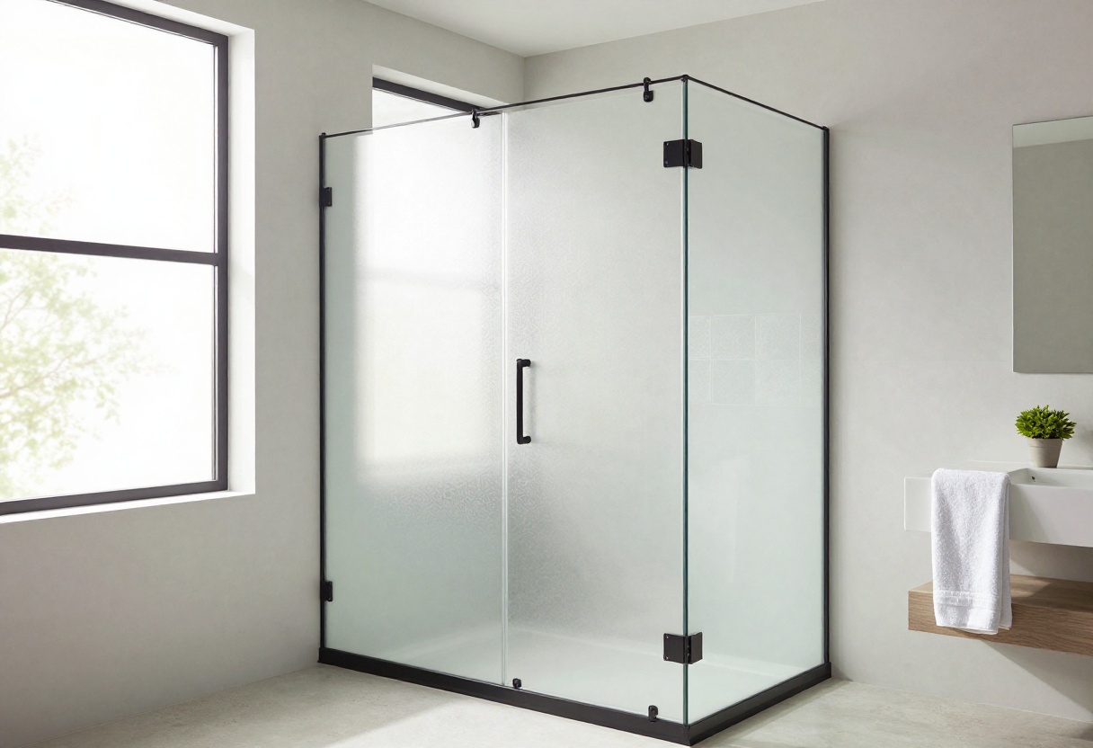 Modern bathroom with frosted glass shower door showing geometric patterns and matte black frame in natural light.