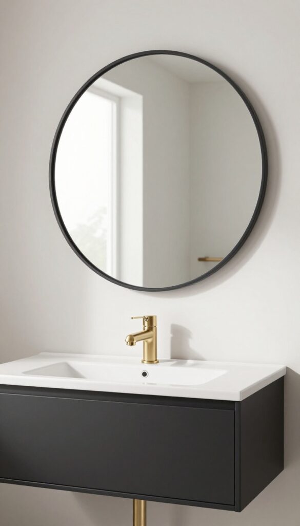 A modern bathroom with a large round framed mirror above a vanity in bright natural light.