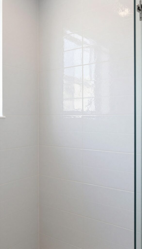A shower stall with mixed matte and glossy white tiles reflecting natural light to create a dynamic, modern design.
