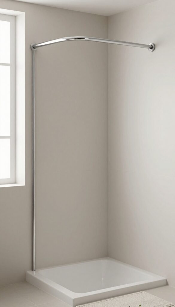 A modern minimalist bathroom with a shiny chrome curved shower curtain rod in natural light.