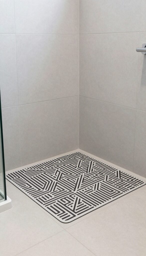 Geometric patterned shower mat in a modern bathroom with neutral tones and minimalist decor