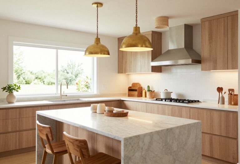 Cozy kitchen with layered lighting including brass pendants, under-cabinet lights, and a textured ceiling fixture