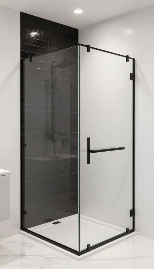 Modern bathroom shower with black subway tiles, glass doors, and matte black fixtures in bright natural light