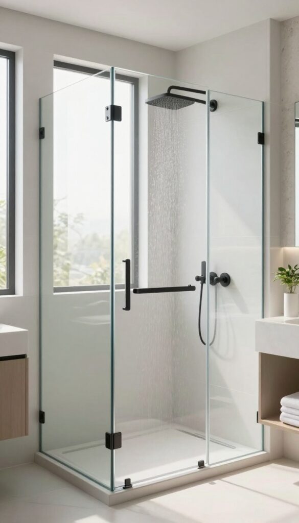 A minimalist bathroom featuring a frameless glass shower door with matte black hardware, bright natural light, white tiles, and modern fixtures for a clean, spa-like look.
