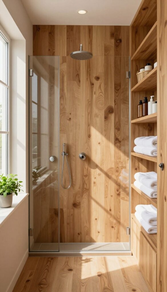 Pony wall with open shelving on both sides, shower side with toiletries in jars, bathroom side with towels and plant