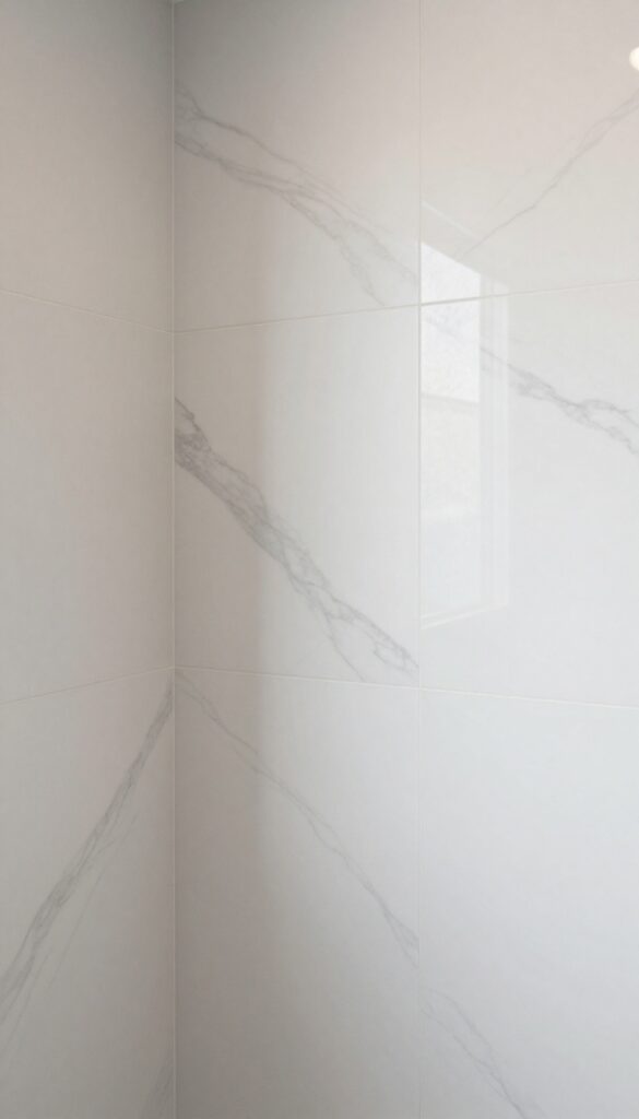 A close-up view of a peel-and-stick marble accent wall in a walk-in shower, showcasing realistic marble panels with natural veining under bright lighting, set against neutral tiles for a classic and luxe home decor look.