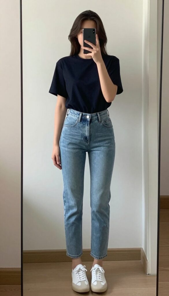 Woman with rectangle body shape wearing high-waisted light-wash jeans and a tucked-in dark tee, taking a mirror selfie.