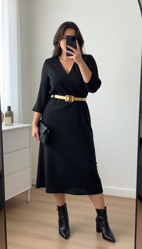 Plus-size woman in a black midi dress with a gold statement belt, posing in a mirror selfie for a date night outfit idea.