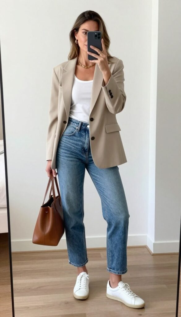 Millennial mom in relaxed straight jeans and structured beige blazer, white sneakers, tote bag, taking a mirror selfie in bright natural light.