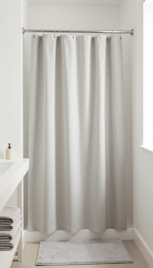 A bright and airy bathroom with a light gray shower curtain and coordinating textiles including towels and a bath mat on white tiles and walls.