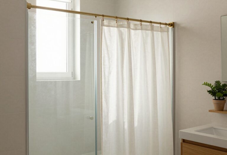 A cozy bathroom with a white linen shower curtain over a glass door, natural light, and warm wood accents.
