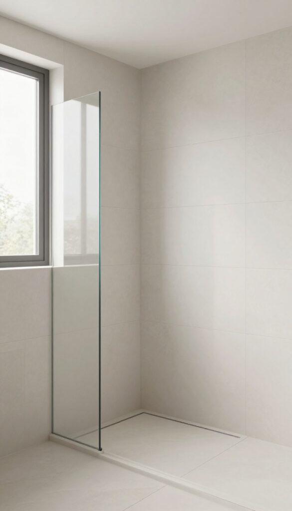 A walk-in shower with large-format tiles on the walls in a bright bathroom, showcasing a clean and expansive design for a modern look.