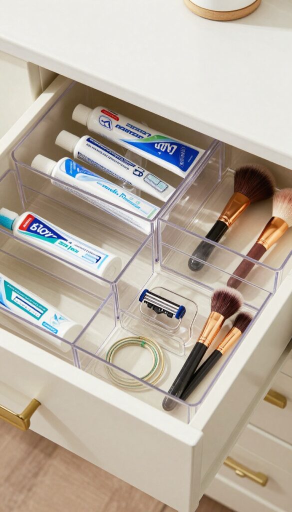 An organized RV bathroom drawer with clear plastic dividers separating small essentials like toothpaste, hair ties, and makeup brushes in a bright, natural light setting.