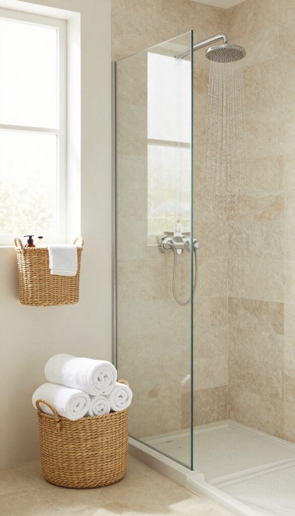 Woven baskets in a safari-inspired shower for storage