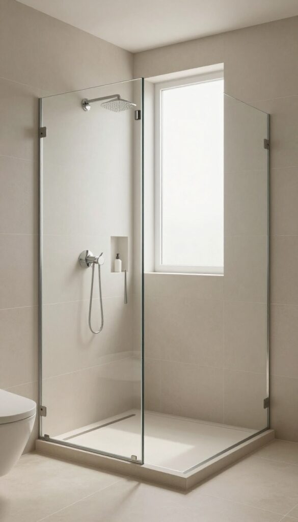 Walk-in shower with bench and matching floor tile extension, seamless neutral tile, bright natural light, modern design