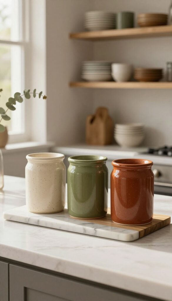 Three ceramic canisters in earthy tones on a wooden tray on a kitchen countertop