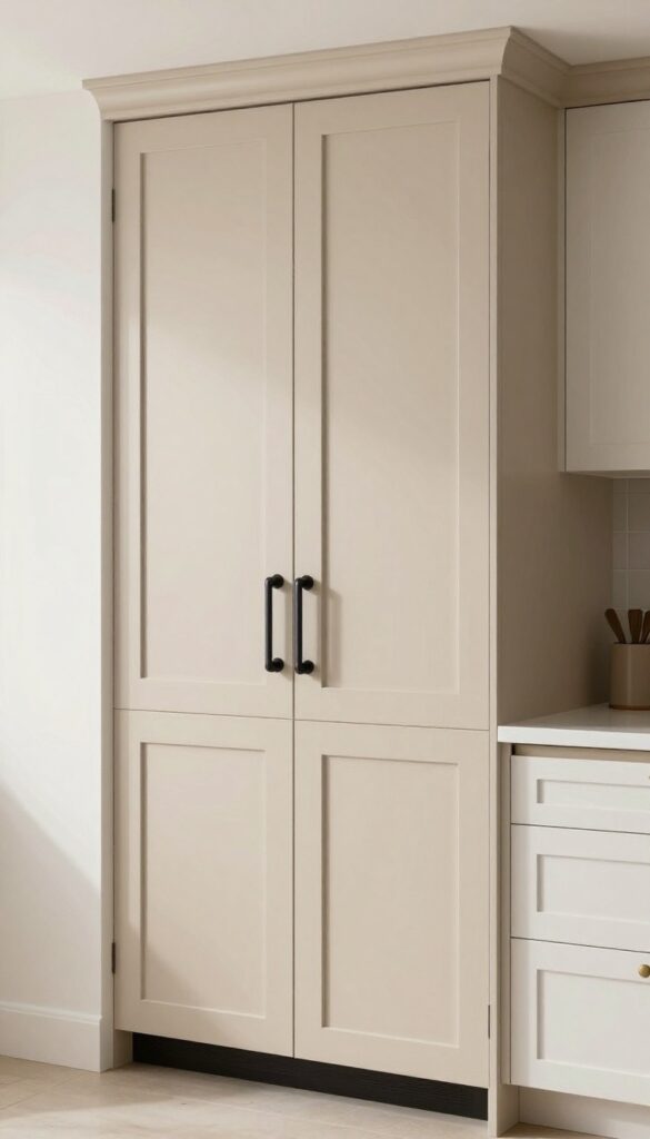 A warm neutral painted kitchen door with matte black hardware in a bright, cozy kitchen setting.