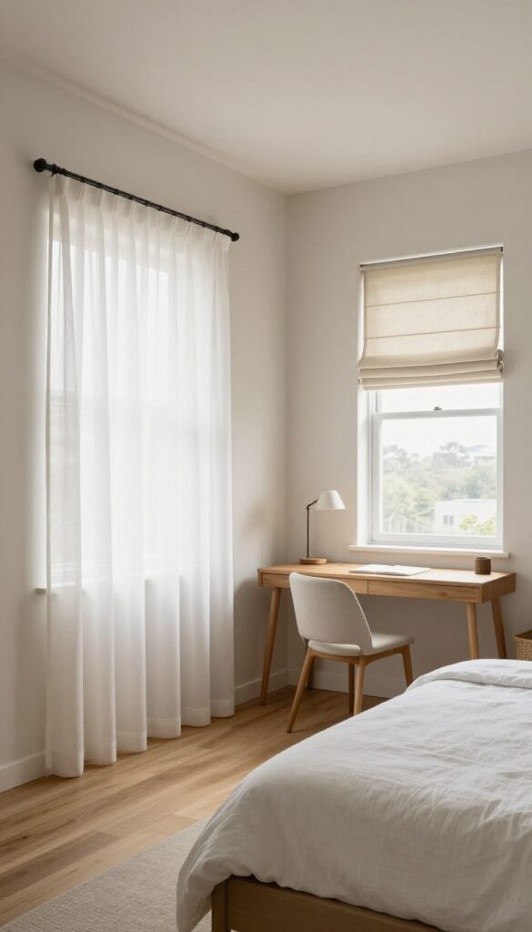 Bedroom with two windows, one for light and one for a desk area